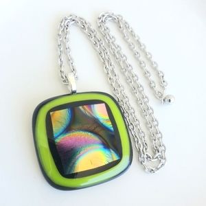 Dichroic Art Fused Glass Large Pendant Necklace Green Blue Purple Artisan Unique